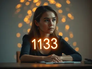 Kobieta zamyślona nad unoszącą się w powietrzu, świetlistą liczbą 2211 w klimacie mistycznej biblioteki.