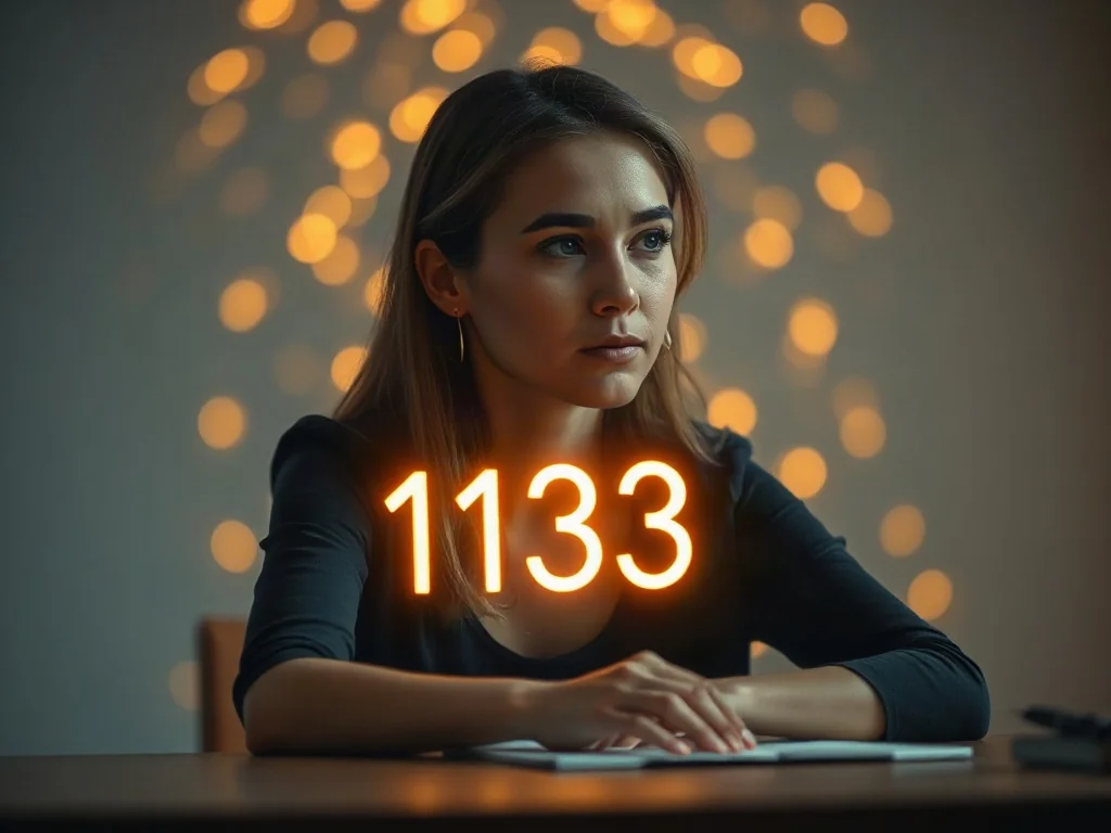 Kobieta zamyślona nad unoszącą się w powietrzu, świetlistą liczbą 1133 w otoczeniu ciepłych, złotych drobinek.