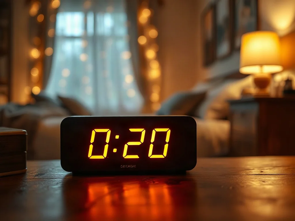Cyfrowy zegar na drewnianym stoliku nocnym wyświetlający godzinę 02:02 w ciepłym, nastrojowym świetle sypialni.