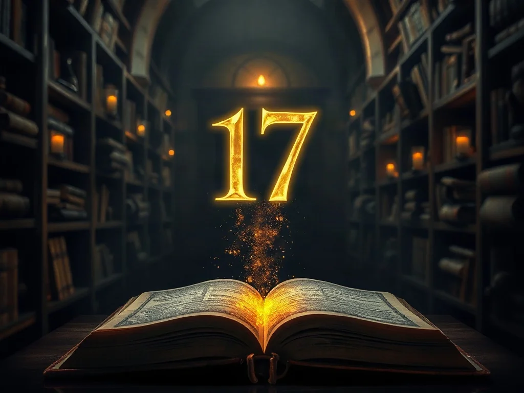 Świecąca liczba 17 unosząca się nad otwartą, magiczną księgą w mrocznej, tajemniczej bibliotece.