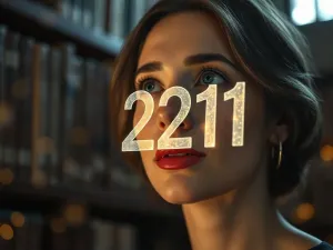 Kobieta zamyślona nad unoszącą się w powietrzu, złotą liczbą 9999 w mistycznym wnętrzu biblioteki.
