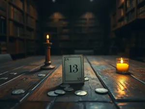Kobieta zamyślona nad unoszącą się w powietrzu, świetlistą liczbą 2211 w klimacie mistycznej biblioteki.