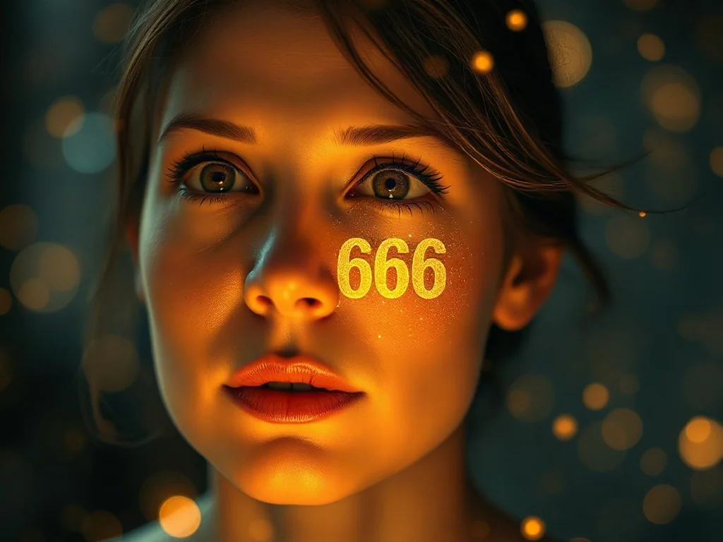 Kobieta zamyślona nad unoszącym się w powietrzu złotym, holograficznym symbolem liczby 6666 w mistycznej scenerii.